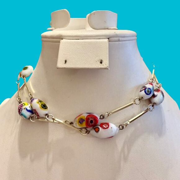 Vintage White Millefiori Murano Art Glass Gold Tone Necklace - Picture 5 of 10